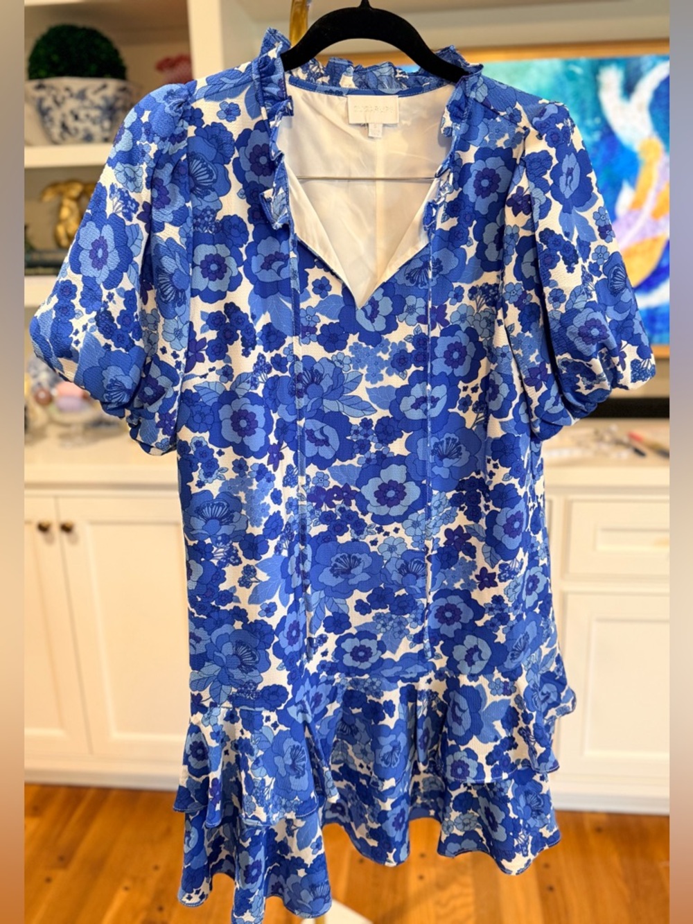Sugarlips Blue & White Daisy Floral Tiered Ruffle Mini Dress with Tie Neck